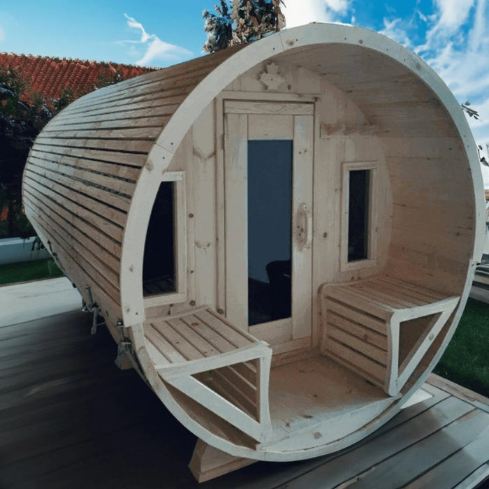 Traditional 8-Person Solid Wood 10’ Outdoor XL Barrel Sauna in Pine, White or Red Cedar