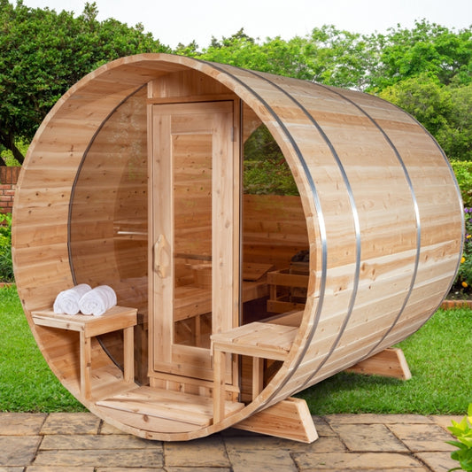 Traditional 4-Person Outdoor White Cedar Serenity MP Barrel Sauna with porch and windows