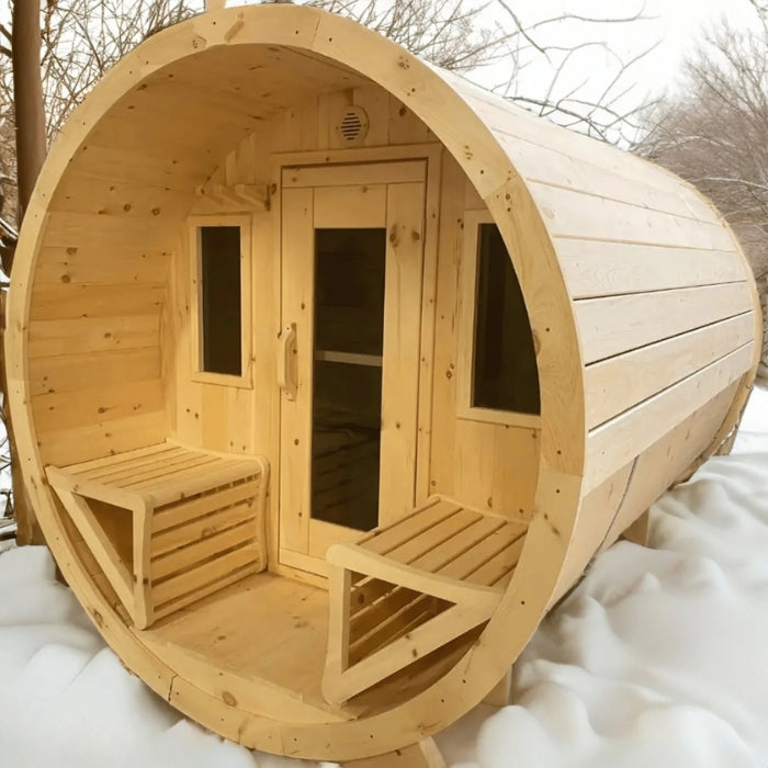 Traditional 8-Person Solid Wood 10’ Outdoor XL Barrel Sauna in Pine, White or Red Cedar