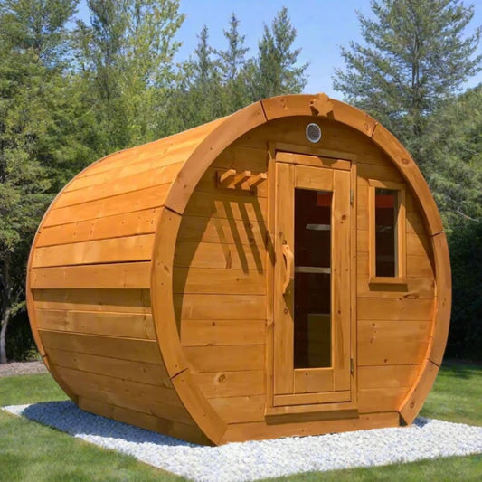 Traditional 6-Person Solid Wood 8’ Outdoor Barrel Schooner Sauna in Pine, White or Red Cedar