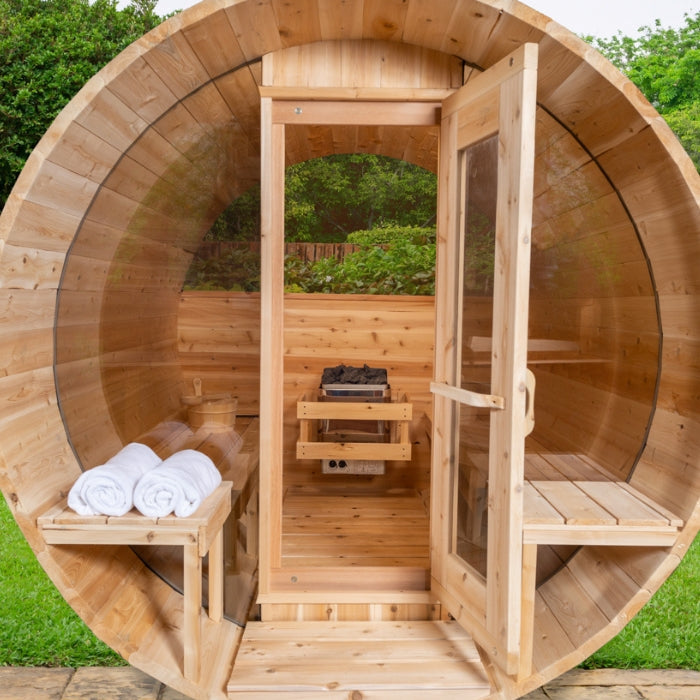 Traditional 4-Person Outdoor White Cedar Serenity MP Barrel Sauna with porch and windows