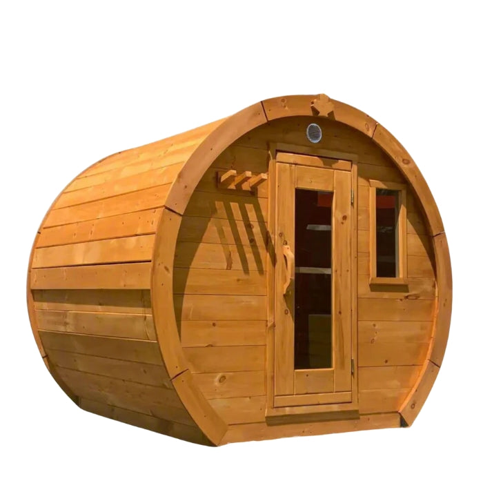 Traditional 6-Person Solid Wood 8’ Outdoor Barrel Schooner Sauna in Pine, White or Red Cedar