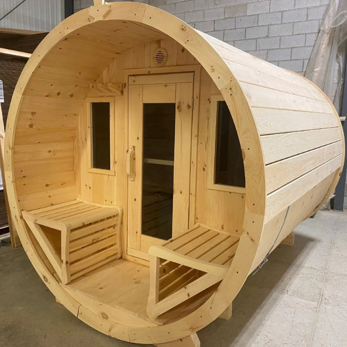 Traditional 8-Person Solid Wood 10’ Outdoor XL Barrel Sauna in Pine, White or Red Cedar