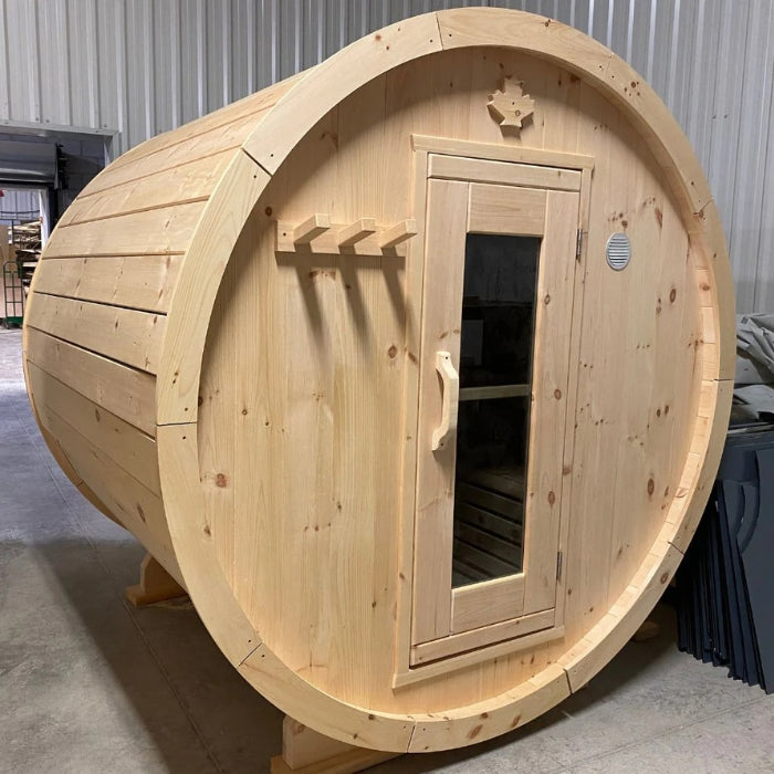 Traditional 8-Person Solid Wood 10’ Outdoor XL Barrel Sauna in Pine, White or Red Cedar