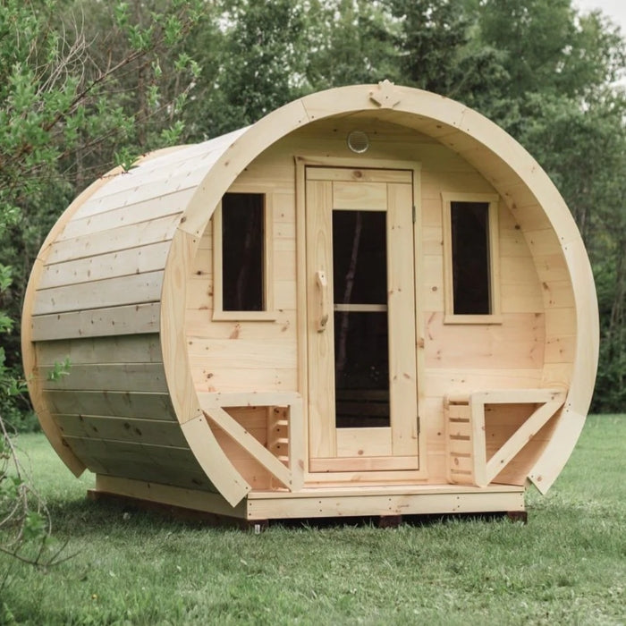 Traditional 8-Person Solid Wood 10' Outdoor XL Barrel Schooner Sauna in Pine, White or Red Cedar