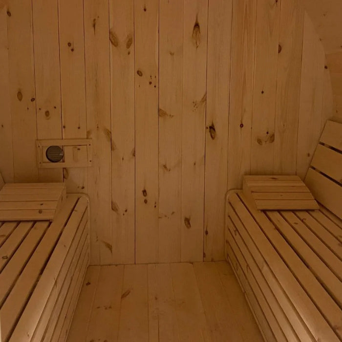 Traditional 8-Person Solid Wood 9’ Outdoor Barrel Sauna in Pine, White or Red Cedar