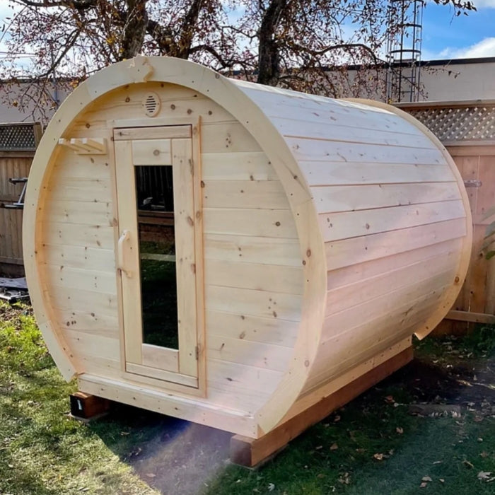 Traditional 8-Person Solid Wood 10' Outdoor XL Barrel Schooner Sauna in Pine, White or Red Cedar