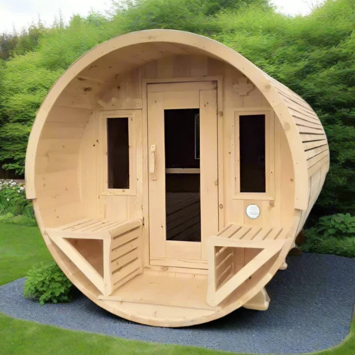 Traditional 8-Person Solid Wood 10’ Outdoor XL Barrel Sauna in Pine, White or Red Cedar