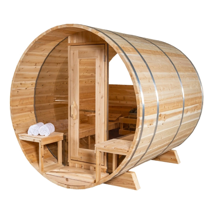 Traditional 6-Person Outdoor White Cedar Tranquility MP Barrel Sauna with porch and windows