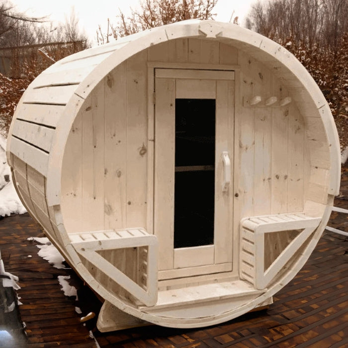 Traditional 6-Person Solid Wood 8’ Outdoor Barrel Sauna in Pine, White or Red Cedar