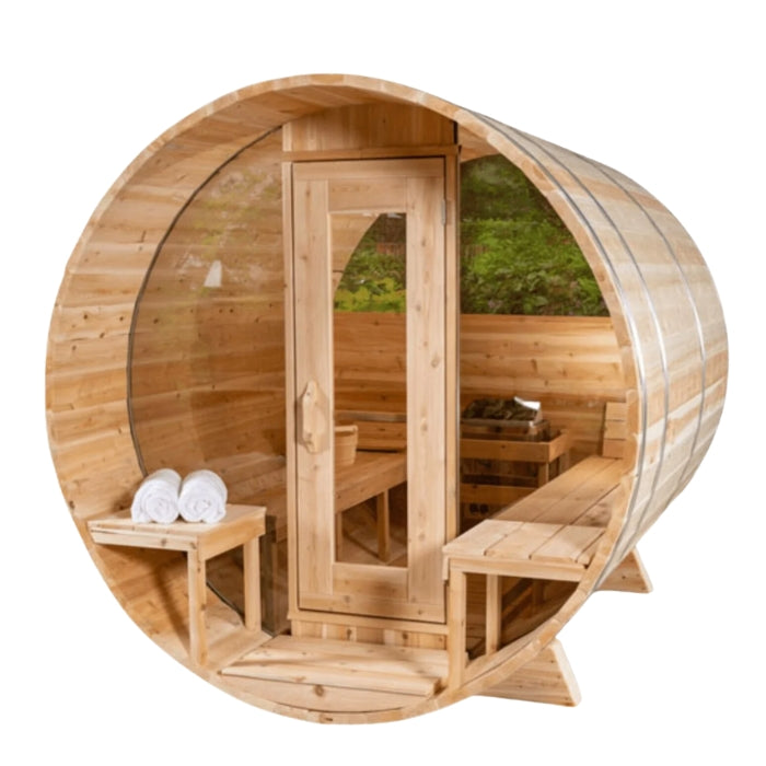 Traditional 4-Person Outdoor White Cedar Serenity MP Barrel Sauna with porch and windows
