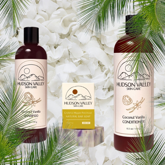 Coconut Vanilla Shampoo, Goat's Milk Conditioner and Patchouli Soap Bundle