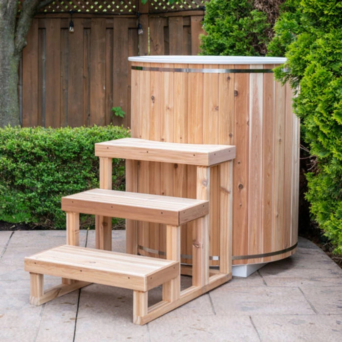 Barrel-Style White Cedar Baltic Cold Plunge Therapy Tub with Steps and Cover