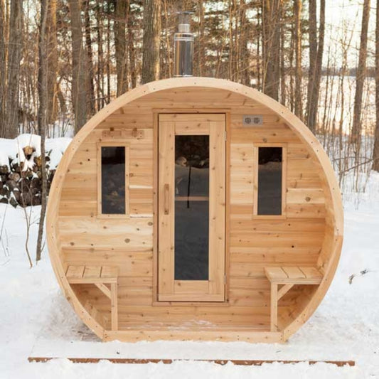 Traditional 4-Person Outdoor White Cedar Elation Barrel Schooner Sauna with Porch and Windows