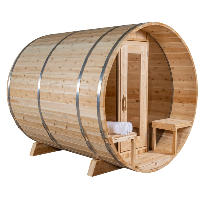 Traditional 4-Person Outdoor White Cedar Serenity MP Barrel Sauna with porch and windows