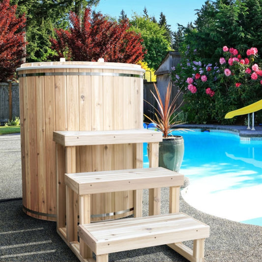 Barrel-Style White Cedar Baltic Cold Plunge Therapy Tub with Steps and Cover