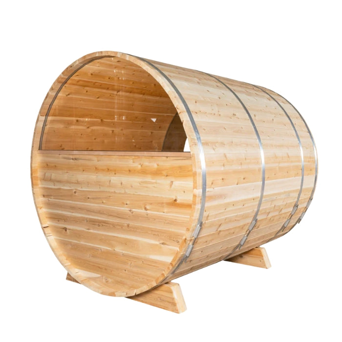 Traditional 6-Person Outdoor White Cedar Tranquility MP Barrel Sauna with porch and windows