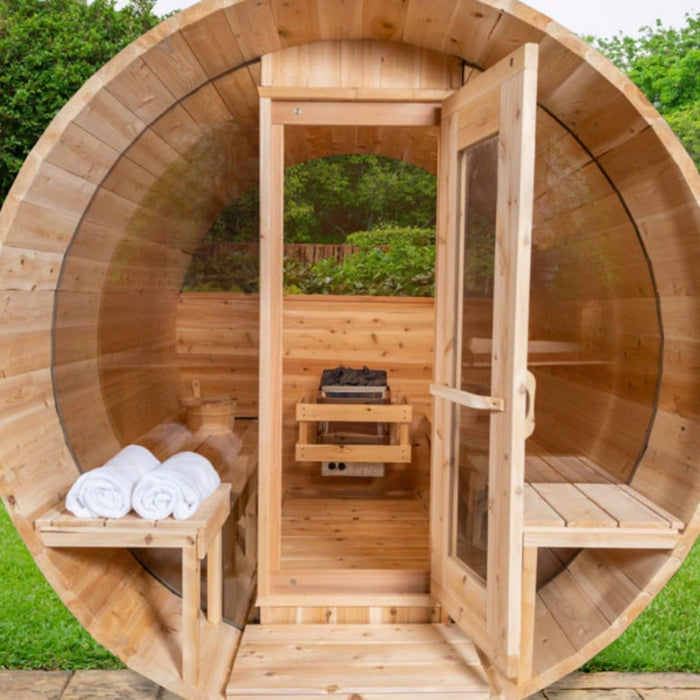 Traditional 6-Person Outdoor White Cedar Tranquility MP Barrel Sauna with porch and windows