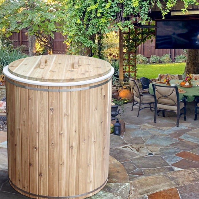 Barrel-Style White Cedar Baltic Cold Plunge Therapy Tub with Steps and Cover