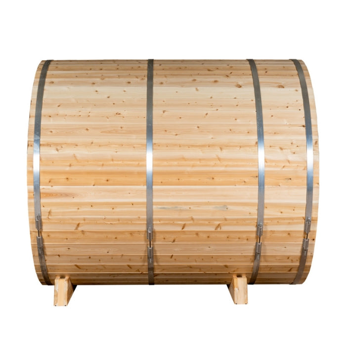 Traditional 4-Person Outdoor White Cedar Serenity MP Barrel Sauna with porch and windows
