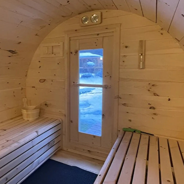 Traditional 6-Person Solid Wood 8’ Outdoor Barrel Sauna in Pine, White or Red Cedar