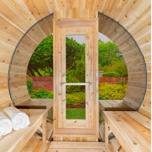 Traditional 6-Person Outdoor White Cedar Tranquility MP Barrel Sauna with porch and windows