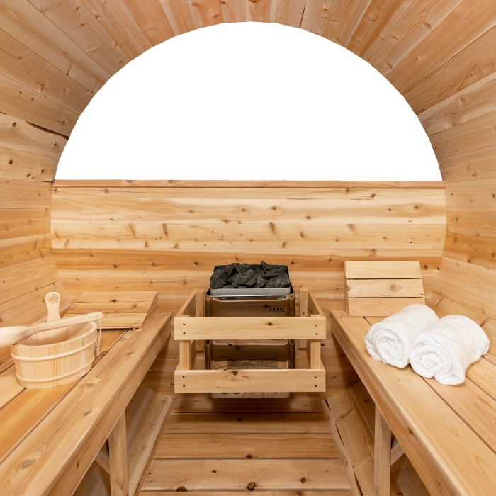 Traditional 4-Person Outdoor White Cedar Serenity MP Barrel Sauna with porch and windows