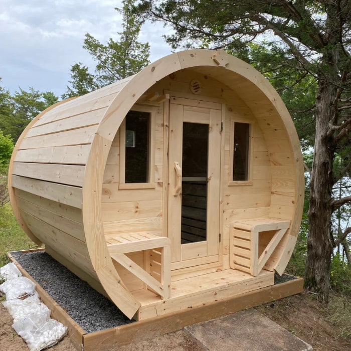 Traditional 8-Person Solid Wood 10' Outdoor XL Barrel Schooner Sauna in Pine, White or Red Cedar