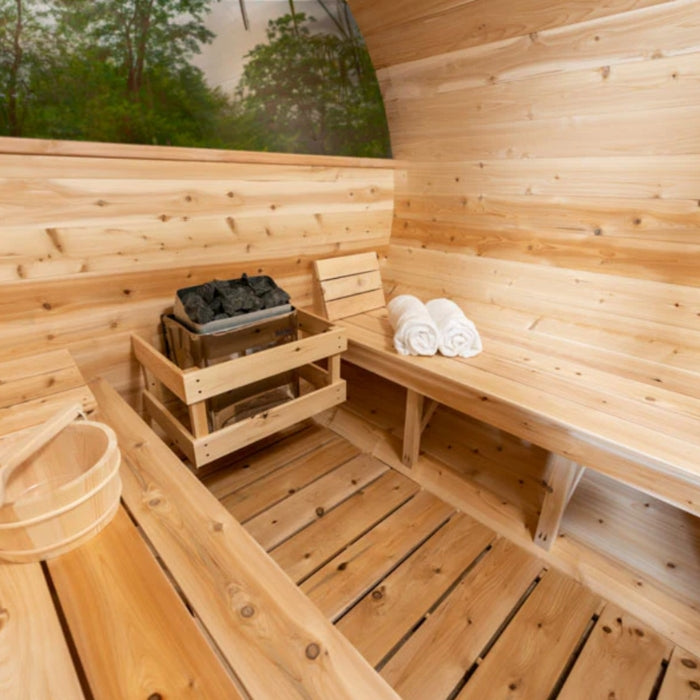 Traditional 6-Person Outdoor White Cedar Tranquility MP Barrel Sauna with porch and windows
