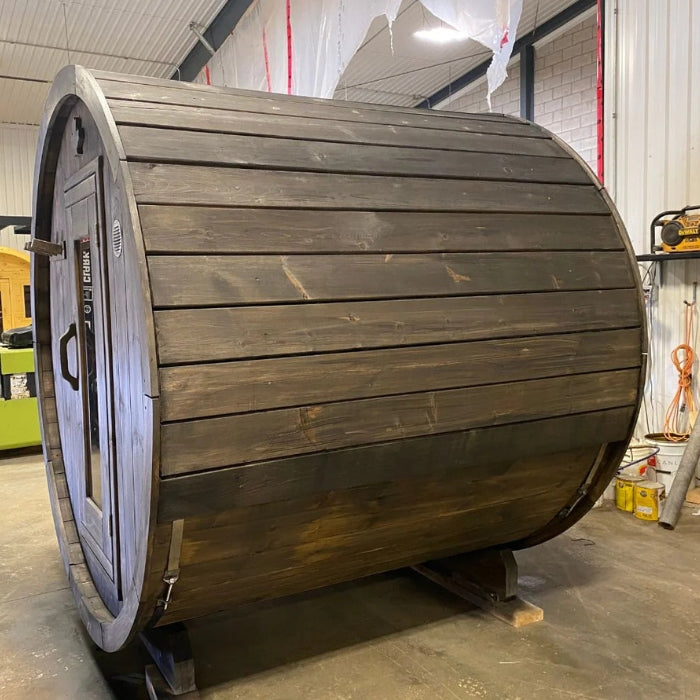 Traditional 6-Person Solid Wood 8’ Outdoor Barrel Sauna in Pine, White or Red Cedar