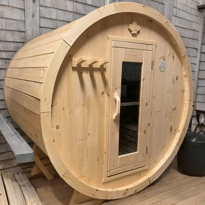 Traditional 6-Person Solid Wood 8’ Outdoor Barrel Sauna in Pine, White or Red Cedar