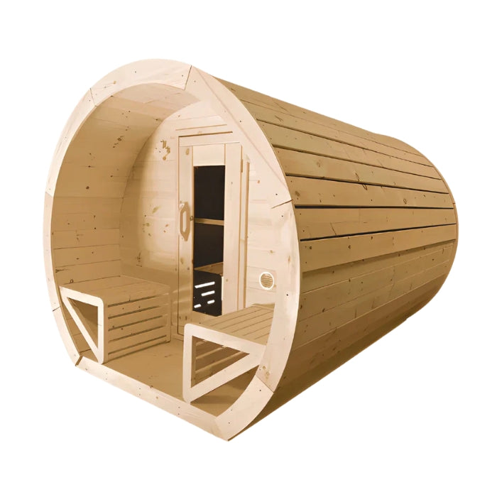 Traditional 8-Person Solid Wood 9’ Outdoor Barrel Schooner Sauna in Pine, White or Red Cedar