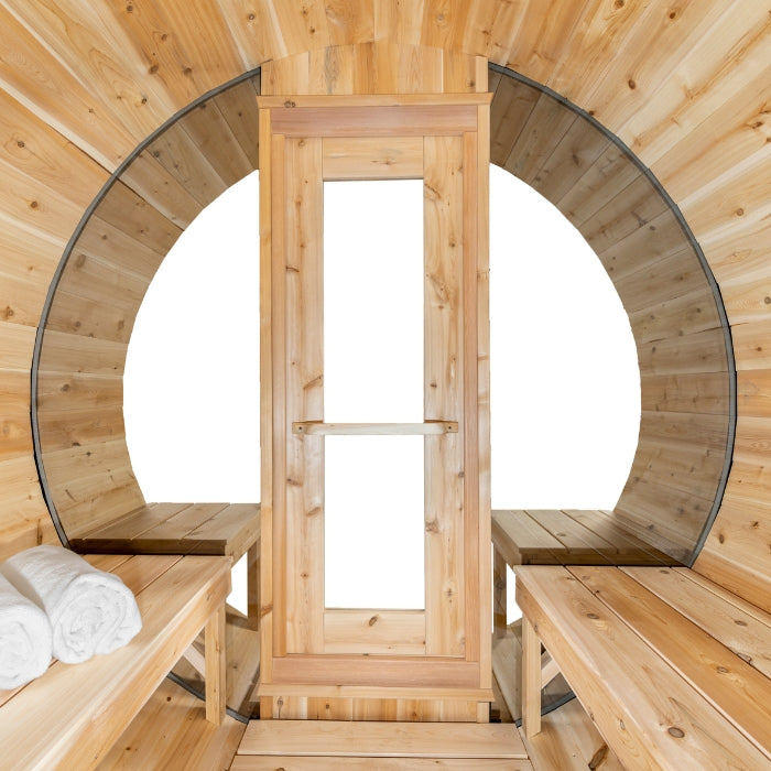 Traditional 4-Person Outdoor White Cedar Serenity MP Barrel Sauna with porch and windows