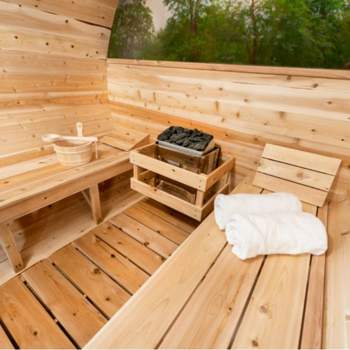 Traditional 6-Person Outdoor White Cedar Tranquility MP Barrel Sauna with porch and windows