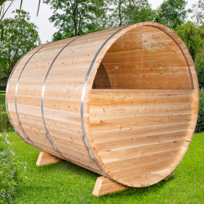 Traditional 6-Person Outdoor White Cedar Tranquility MP Barrel Sauna with porch and windows