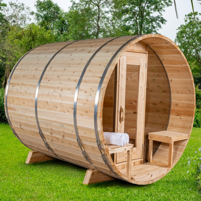 Traditional 4-Person Outdoor White Cedar Serenity MP Barrel Sauna with porch and windows