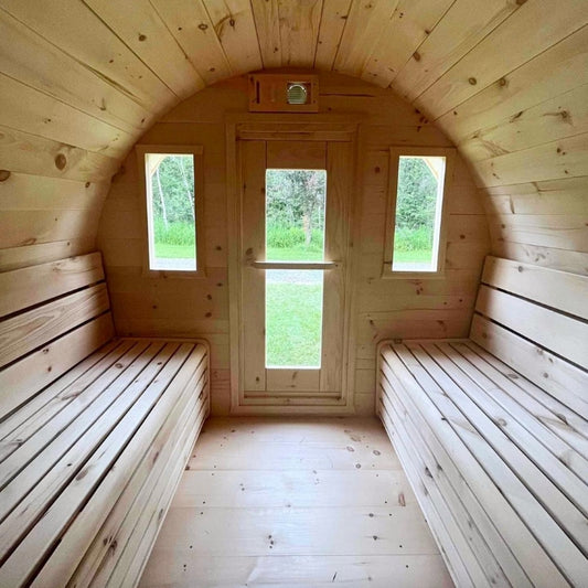 Traditional 8-Person Solid Wood 9’ Outdoor Barrel Schooner Sauna in Pine, White or Red Cedar