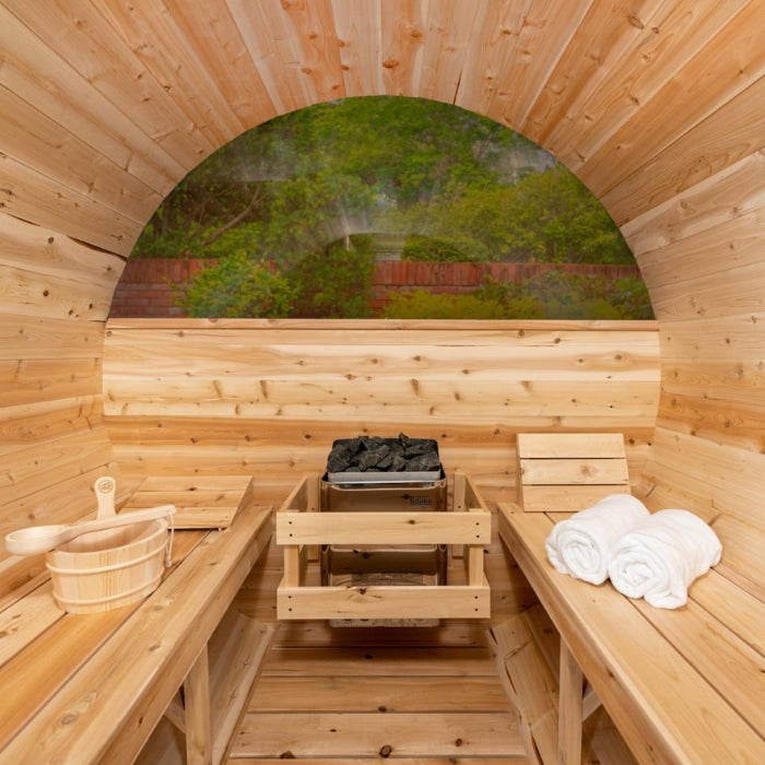 Traditional 4-Person Outdoor White Cedar Serenity MP Barrel Sauna with porch and windows