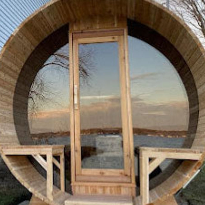 Traditional 6-Person Outdoor White Cedar Tranquility MP Barrel Sauna with porch and windows