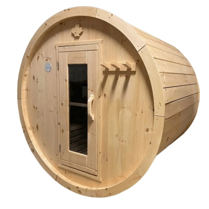 Traditional 8-Person Solid Wood 10’ Outdoor XL Barrel Sauna in Pine, White or Red Cedar