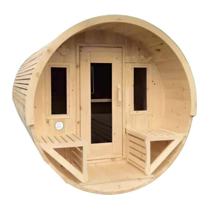 Traditional 8-Person Solid Wood 10’ Outdoor XL Barrel Sauna in Pine, White or Red Cedar