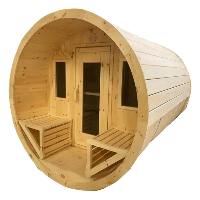 Traditional 8-Person Solid Wood 10’ Outdoor XL Barrel Sauna in Pine, White or Red Cedar