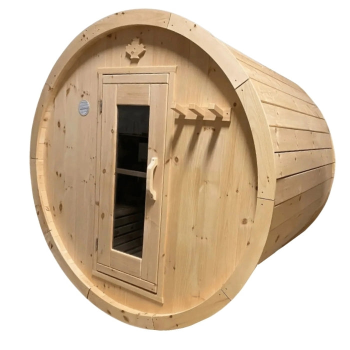 Traditional 6-Person Solid Wood 8’ Outdoor Barrel Sauna in Pine, White or Red Cedar