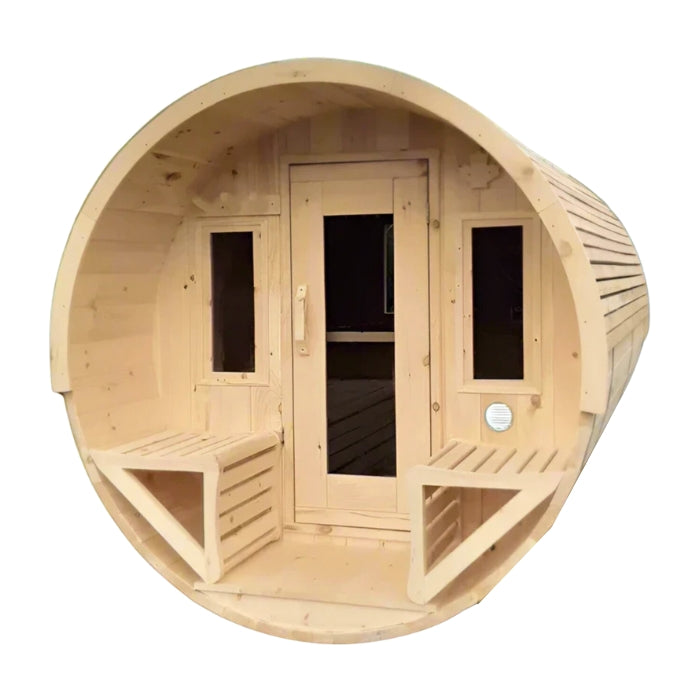 Traditional 8-Person Solid Wood 10’ Outdoor XL Barrel Sauna in Pine, White or Red Cedar