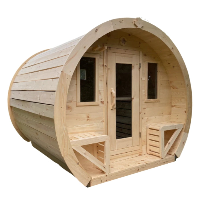 Traditional 8-Person Solid Wood 10' Outdoor XL Barrel Schooner Sauna in Pine, White or Red Cedar
