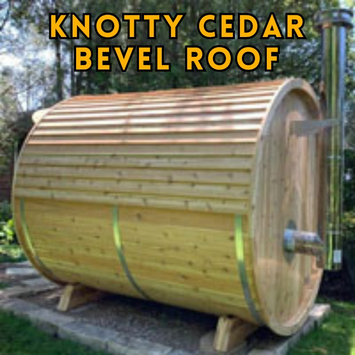 Traditional 6-Person Outdoor White Cedar Tranquility MP Barrel Sauna with porch and windows
