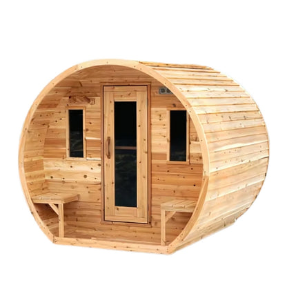 Traditional 4-Person Outdoor White Cedar Elation Barrel Schooner Sauna with Porch and Windows