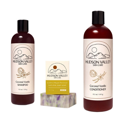 Coconut Vanilla Shampoo, Goat's Milk Conditioner and Patchouli Soap Bundle