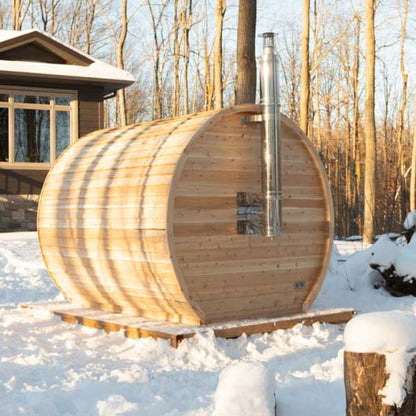 Traditional 4-Person Outdoor White Cedar Elation Barrel Schooner Sauna with Porch and Windows