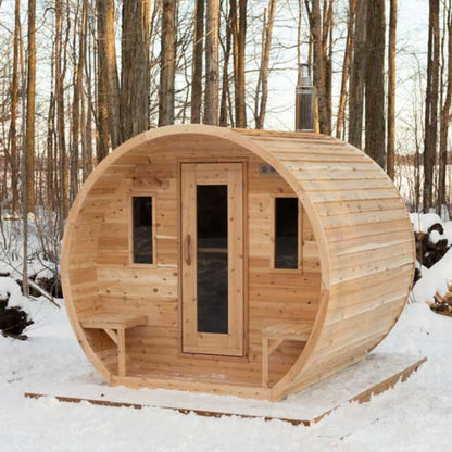 Traditional 4-Person Outdoor White Cedar Elation Barrel Schooner Sauna with Porch and Windows